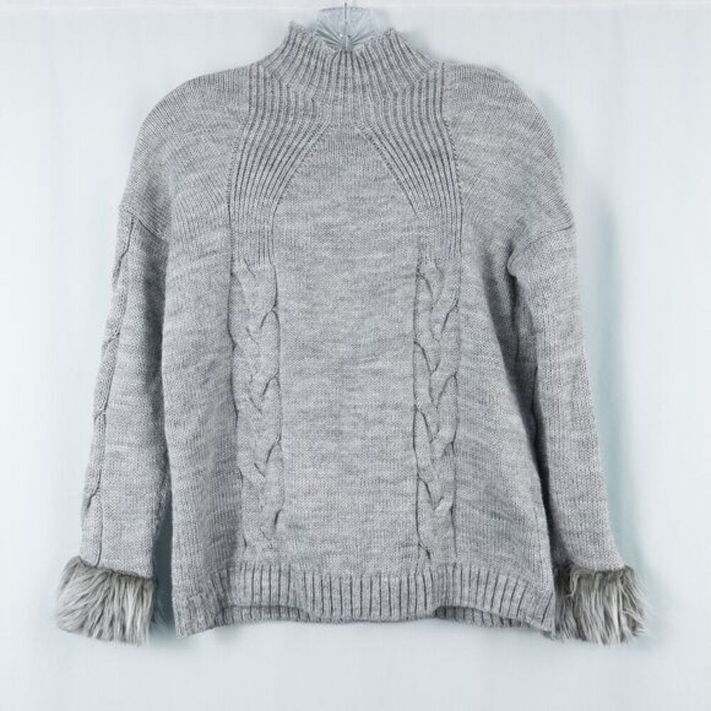 Toda Bella Wool‎ Blend Cable Sweater Womens Small Gray Faux Fur Cuffs Mock Neck